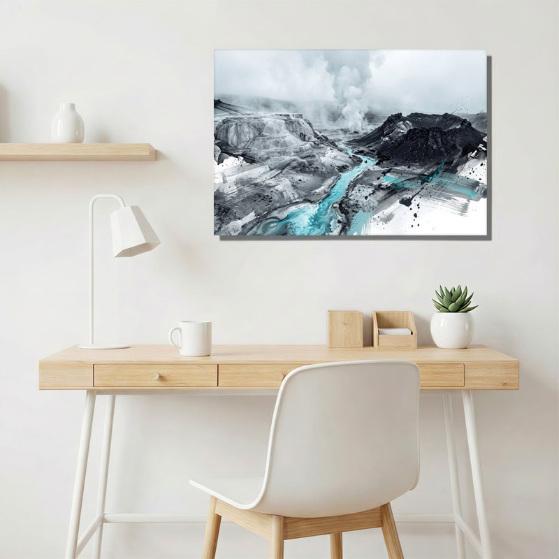 «Turquoise River And Steam Vents In Volcanic Landscape», art mural sur toile, 36"H x 48"W