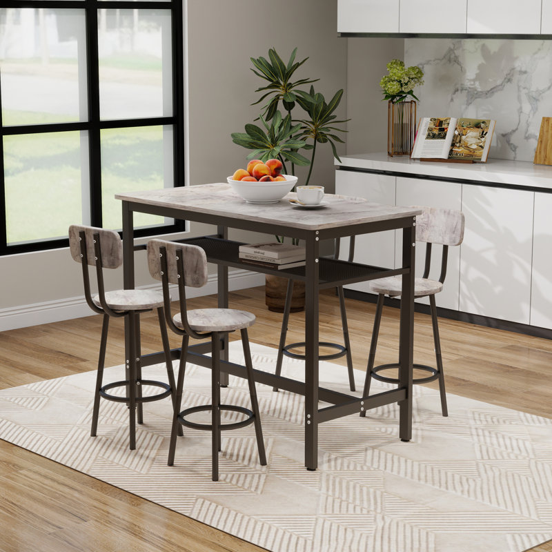 Ensemble de table de bar 3 pièces à hauteur de comptoir avec 2 tabourets pliables, support de rangement, plateau d'aspect bois et structure en acier, petit espace de salle à manger pour la cuisine, le salon, l’appartement