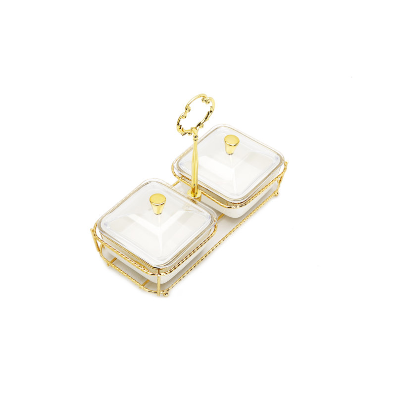 Plat à saveur en porcelaine blanche à 2 bols sur base dorée - l 8,25 po
