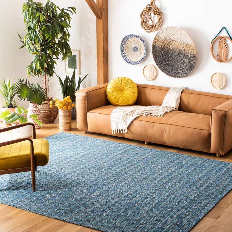 Amboy Flat Weave Wool/Cotton Geometric Rug in Blue/Black, Rectangle 8' x 10'