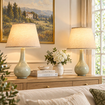 18'' Crackle Green Ceramic Table Lamps Set Of 2, Farmhouse Plug-In Bedside Lamps With Natural Linen Shade For Bedroom Living Room Entryway