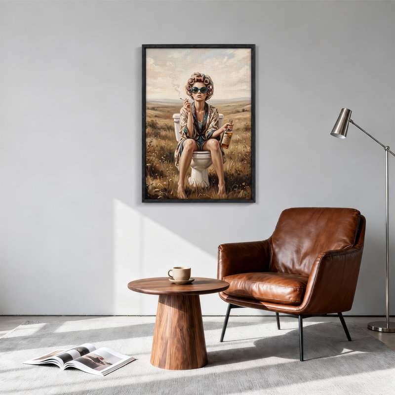 " Woman in Hair Rollers and Robe on Toilet in Field " Painting, 48"H x 36"W
