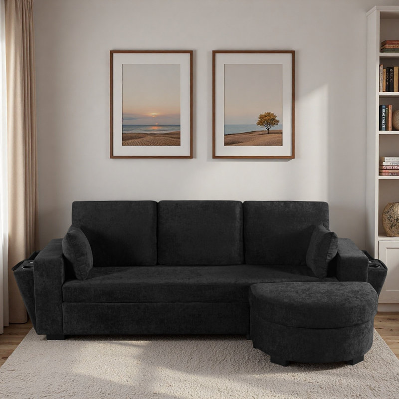 Canapé modulaire avec repose-pieds, espace de rangement caché, ports de chargement USB et porte-gobelets, Black Chenille