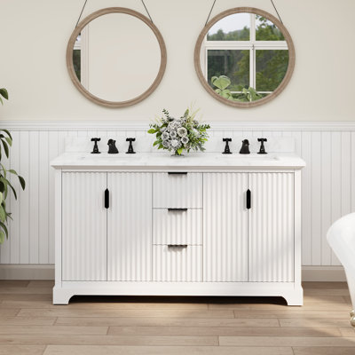 Meuble-lavabo double Barnhart 60 po entièrement assemblé avec comptoir en pierre reconstituée, lavabo en céramique, tiroirs encastrés à fermeture amortie et charnières de porte à fermeture amortie, dosseret inclus
