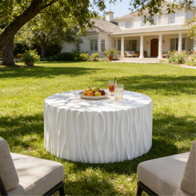 Table basse d'extérieur blanche moderne avec motif cannelé ondulé - ronde de 26,77 po, H 14,76 po, matériau MGO, capacité de 66 lb, sans assemblage pour patio, jardin ou balcon