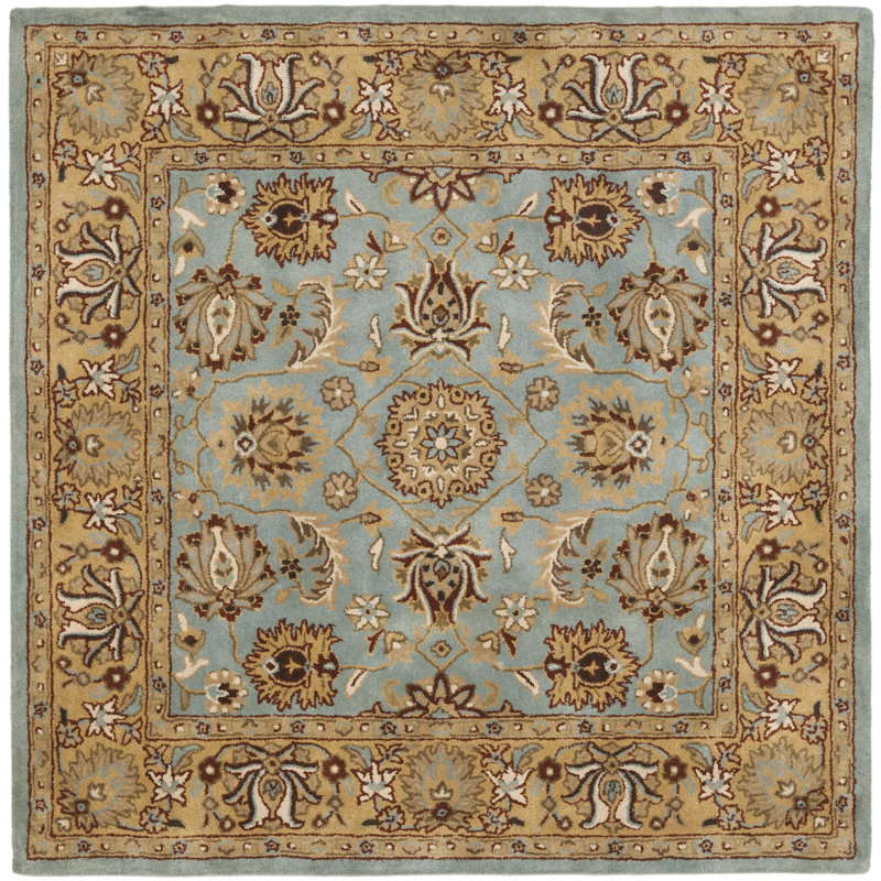 Tapis bleu / doré en laine touffeté à la main Cardwell, Carré 6 pi