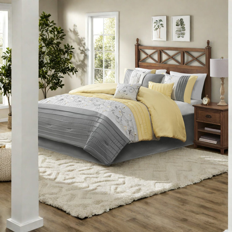 Luxurious Yellow Bedding Sets, Polyester Embroidery, Elegant Home Comfort