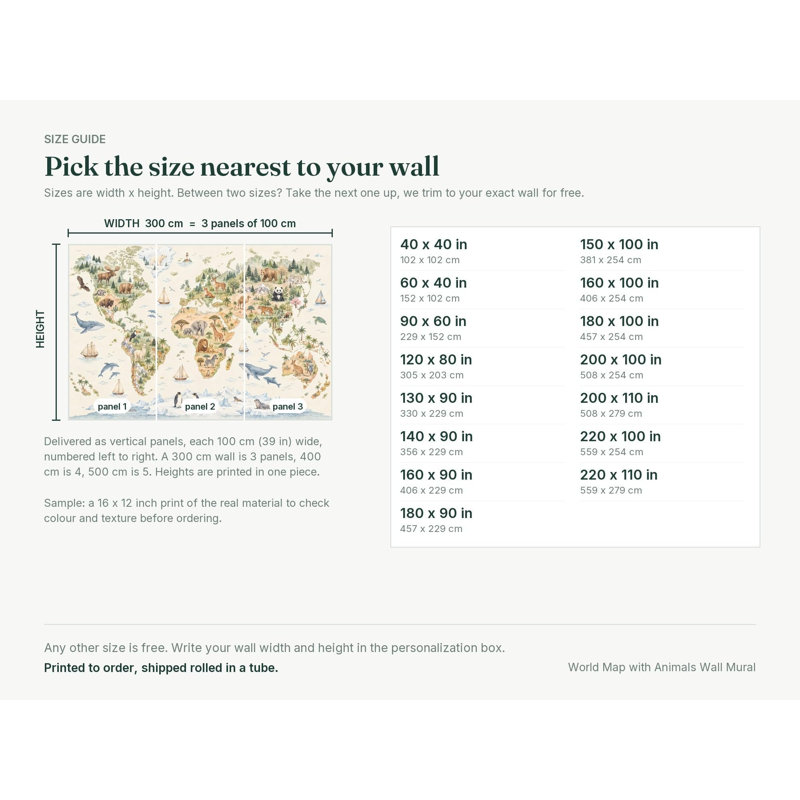 World Map with Animals Wallpaper Mural, Peel and Stick Kids Room Wall Mural, Watercolor Nursery Wallpaper Made to Measure