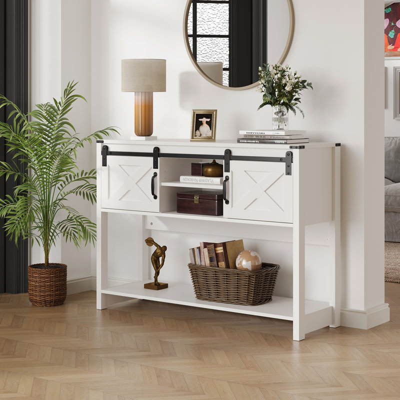 Console à portes de grange coulissantes avec tablette de rangement, Blanc