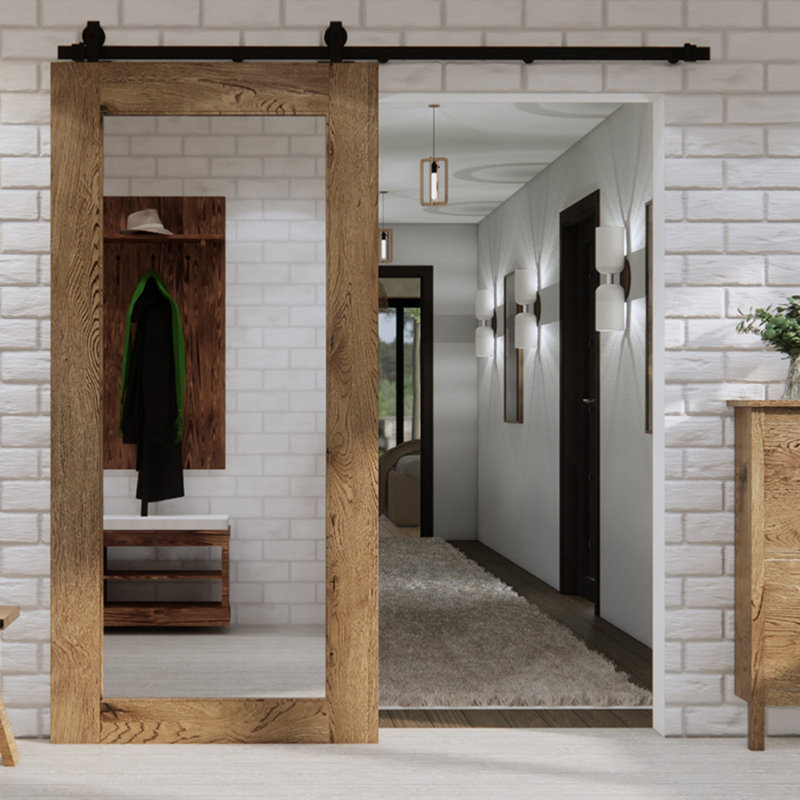 Wyalusing Oak Wood Sliding Barn Door Mirror, 100cm W x 210cm H, Brown Oil