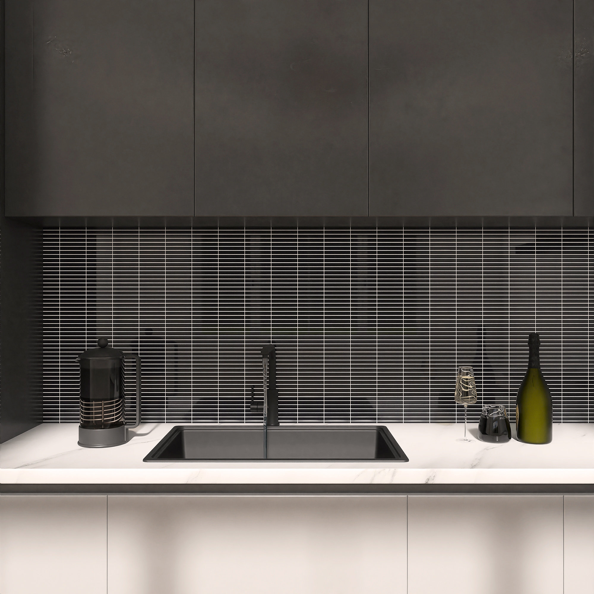 Porcetile 0.48" x 3.63" Stacked Glossy Porcelain Mosaic Wall and Floor Tile, Glossy Black