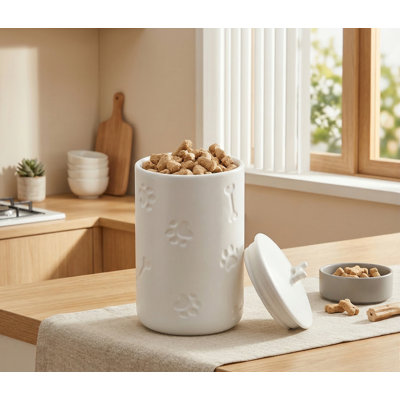 Large Ceramic Dog Treat Jar, 9"x5", Airtight with Lid, White, Farmhouse Style, for Kitchen Counter, Dogs, Cats, Pets
