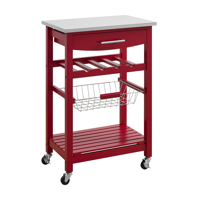 Macy Rolling Granite Kitchen Cart with Utility Drawer & Basket, Stainless Steel, Red