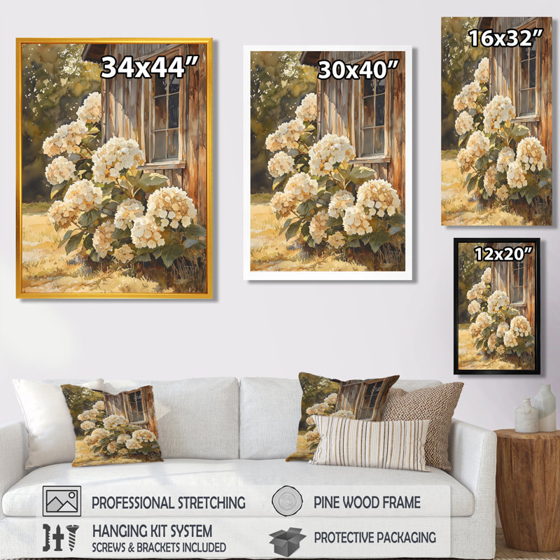 Hortensias dans le poulailler - hydrangées, art mural large, H 60 po x l 28 po, Brun, Reproduction avec cadre flottant
