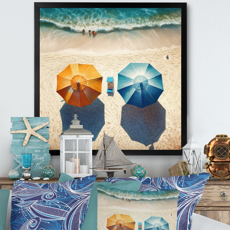 «Beachside Chairs And Umbrellas IV», reproduction sur toile, Cadre photo noir, H 16 po x l 16 po x P 1 po