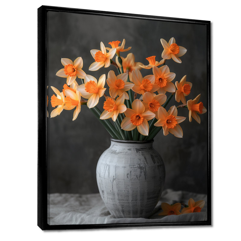 Jonquilles monochromes jaunes et orange dans un pot gris II - jonquilles murales, H 30 po x l 40 po, Cadre flottant noir