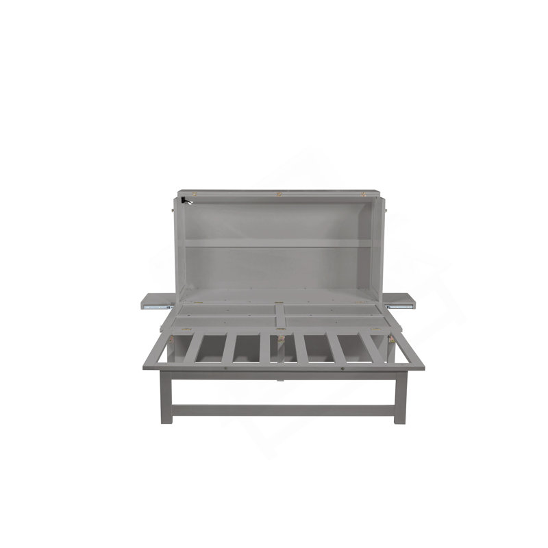 Grand lit escamotable avec port USB et tablettes amovibles de chaque côté, lit escamotable en pin massif pour bureau à domicile, chambre d'amis, gris