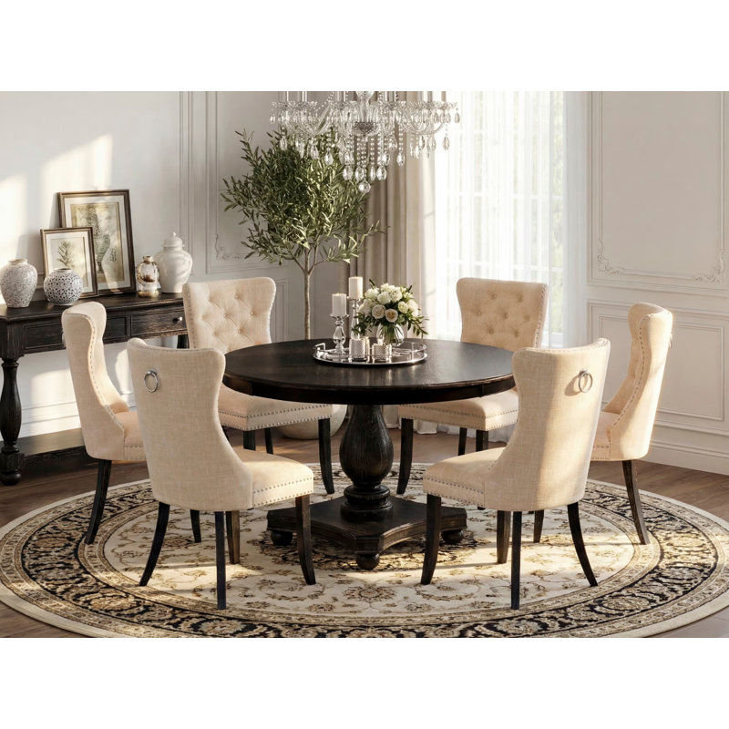 7-piece Dining Set included a wooden table and 6 Light Beige Polyester Fabric dining chairs with Button Tufted Back - Sand Blasted Black