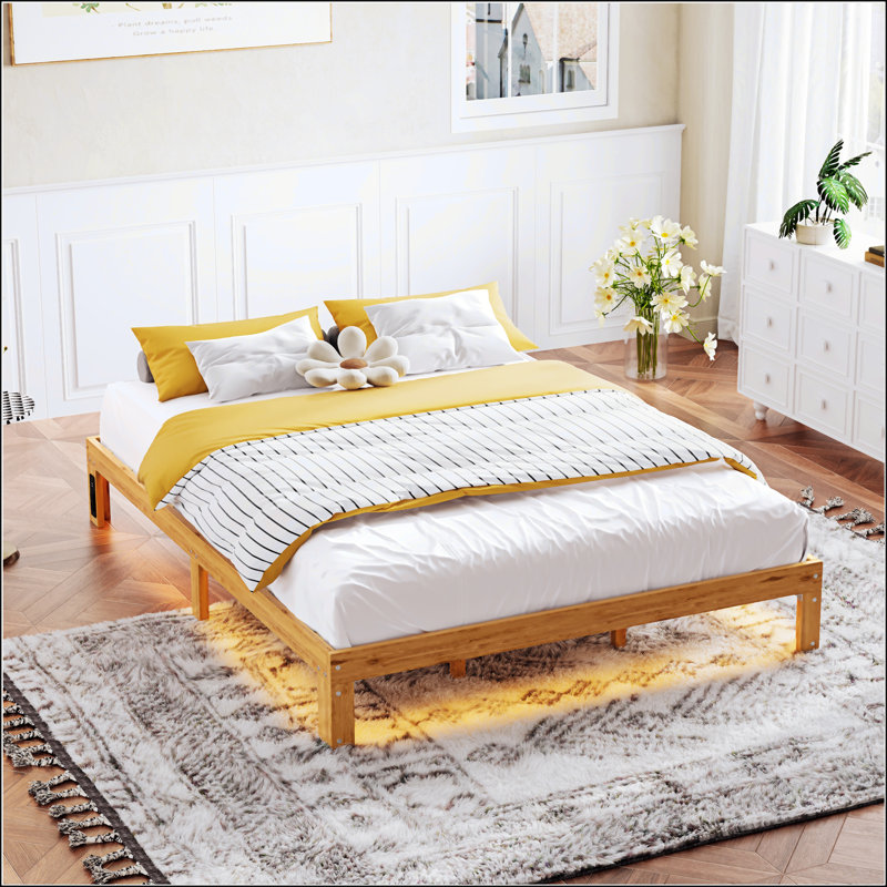 Queen Size Light Brown Solid Wood Platform Bed Frame with Slat Support