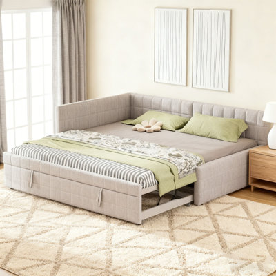 Upholstered L-Shaped Upholstered Daybed with Twin Size Pop Up Trundle and USB ports