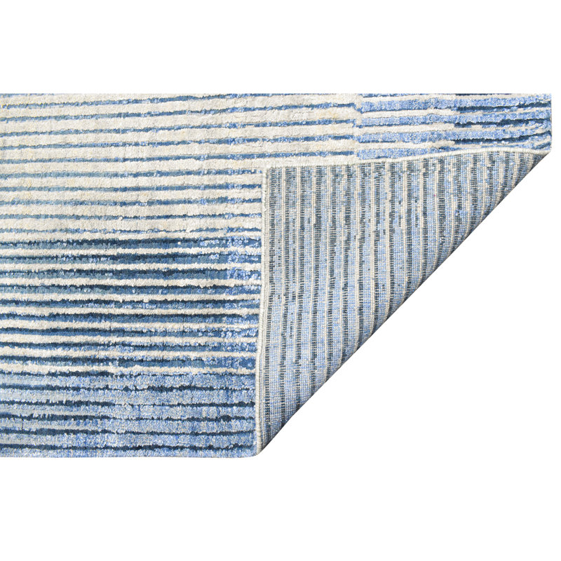 Hand Knotted Striped Area Rug in Silver/Blue, Rectangle 8' x 10'