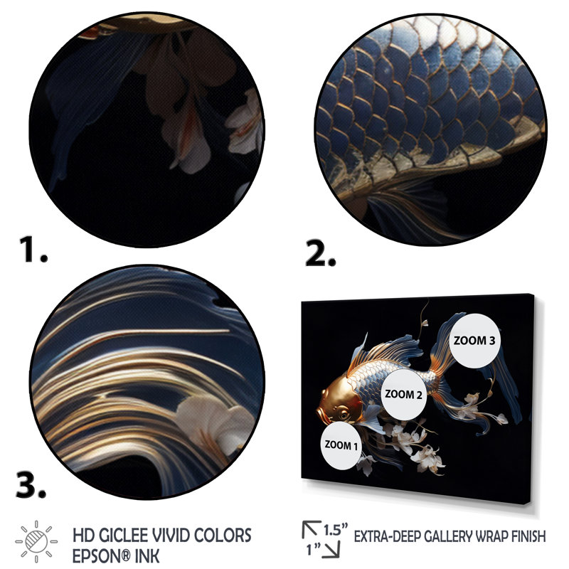 Gold Kois Fish Mysterious Shadows - Animals Wall Art Living Room, H 30 po x l 40 po x P 1,5 po, Toile tendue