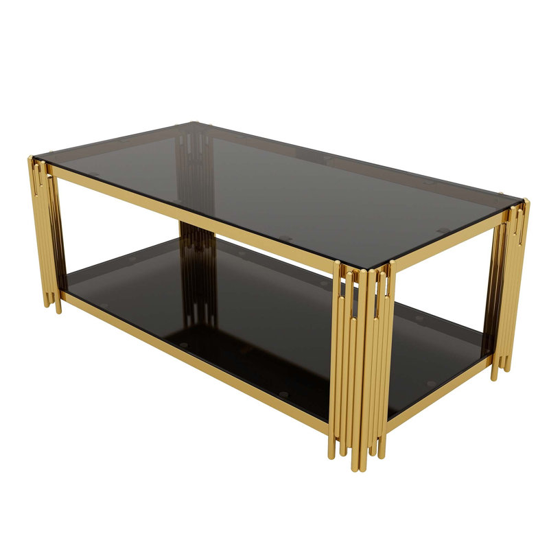Table basse moderne, table rectangulaire avec tablette inférieure, Noir, Doré