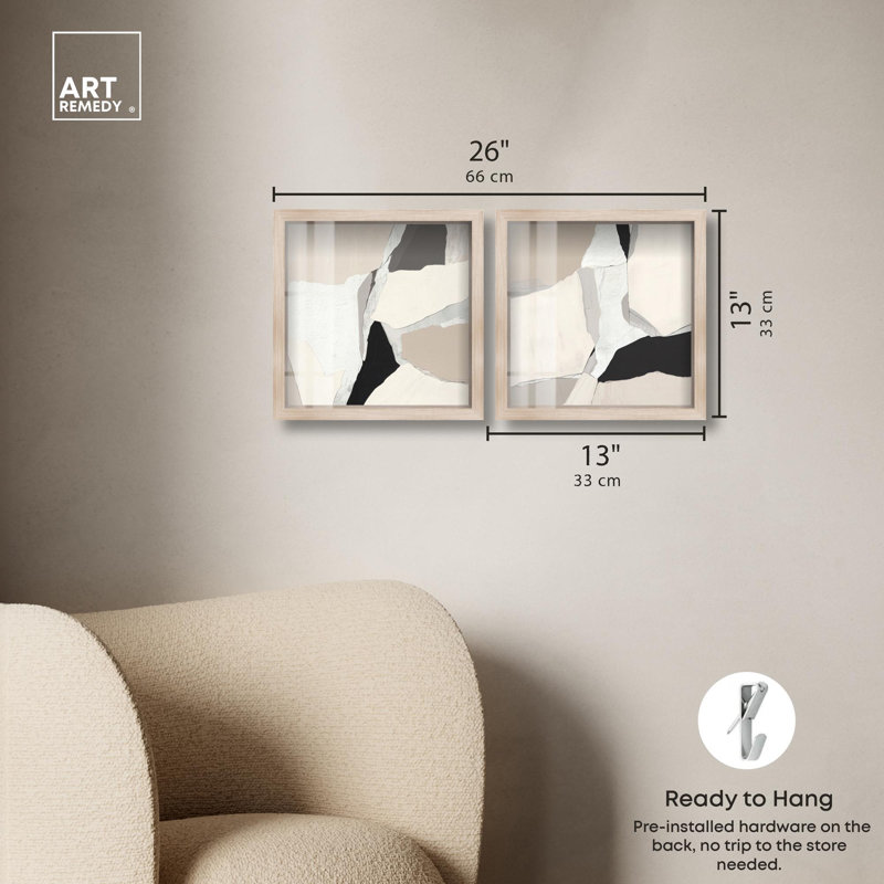 Ensemble de décorations murales neutres en pierre, ensemble encadré Shadowbox par Art Remedy, cadre blond, 12 x 12
