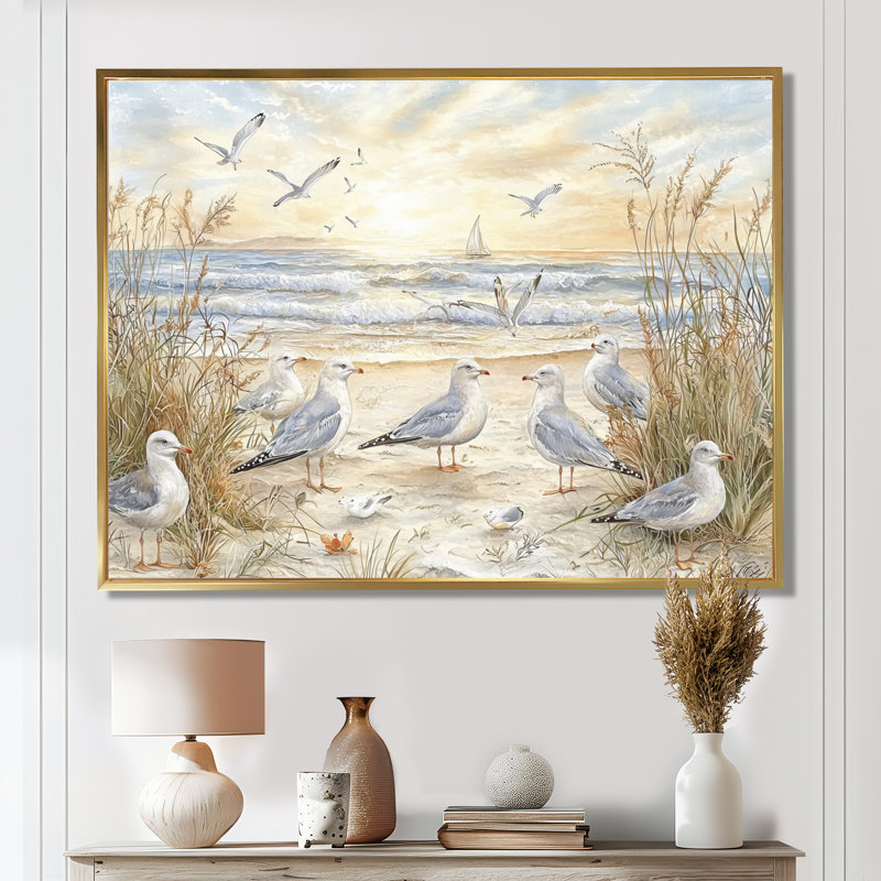 Mouettes sur la plage II - reproduction d'art mural plage et océan, H 12 po x l 20 po, Cadre flottant sans passe-partout