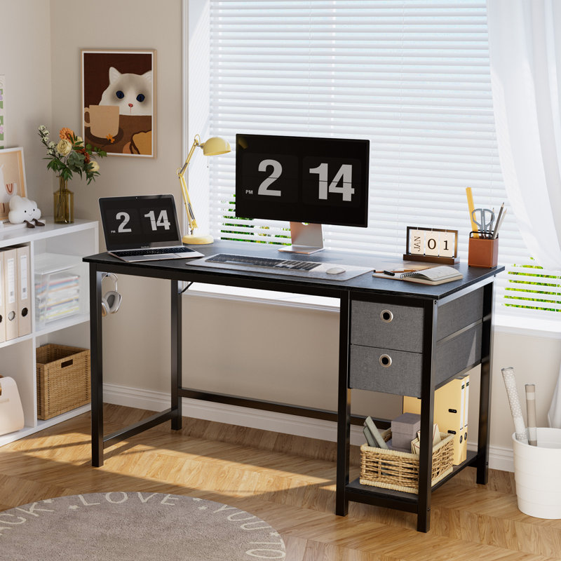 Bureau d'ordinateur avec 2 tiroirs en tissu et crochet pour casque, Noir, noir, noir, noir, H 29,7 po x l 47,2 po x P 23,6 po