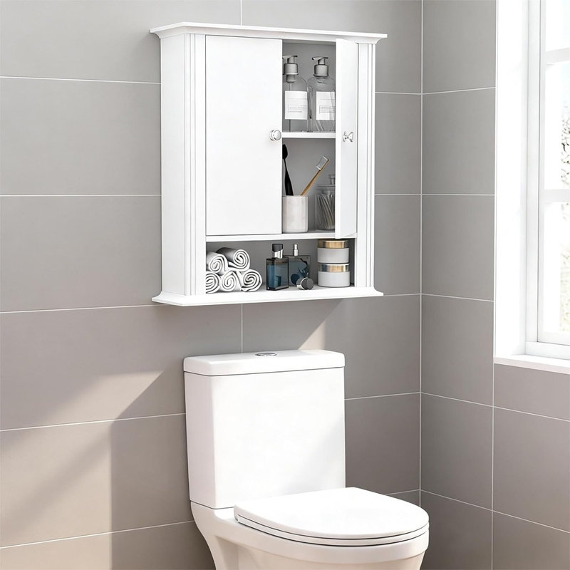 Armoire de salle de bain murale blanche - Rangement au-dessus de la toilette avec 2 portes et crochets