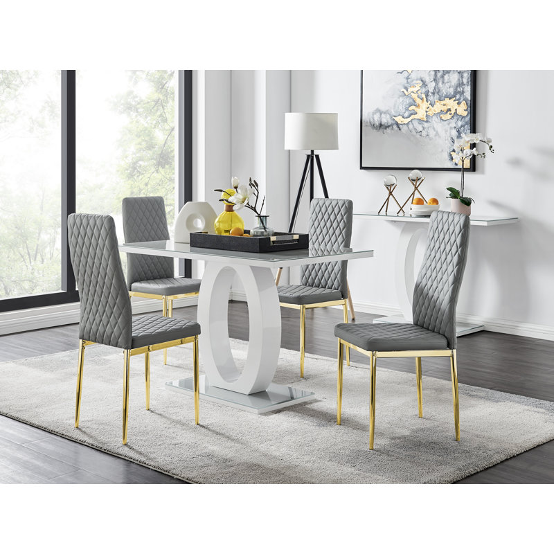 Scottsmoor 5-Piece Faux Leather Upholstered Dining Set with Pedestal Table Base, Gray/Gold, Gray