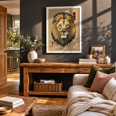 Lion in Ink and Gold Japandi - Framed Print