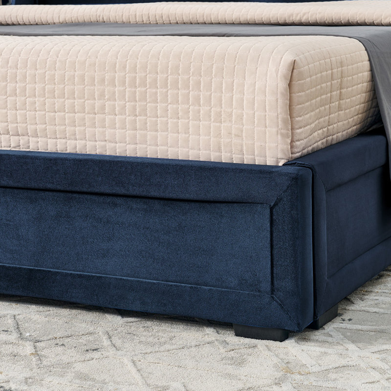 Base de lit plateforme avec rangement moderne, tête de lit brillante avec bibliothèques latérales et tiroir, King, Dark Blue