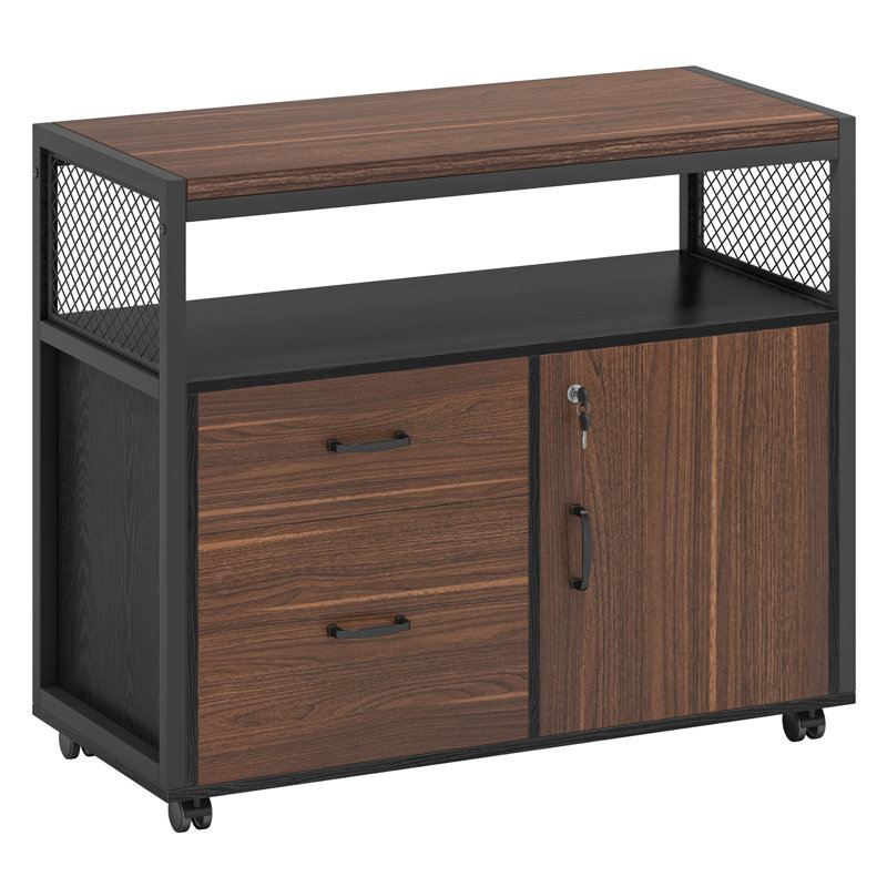 15.74"W X 29.92"H Mobile 2 Drawer File Cabinet With Doors, Dark Brown/Black