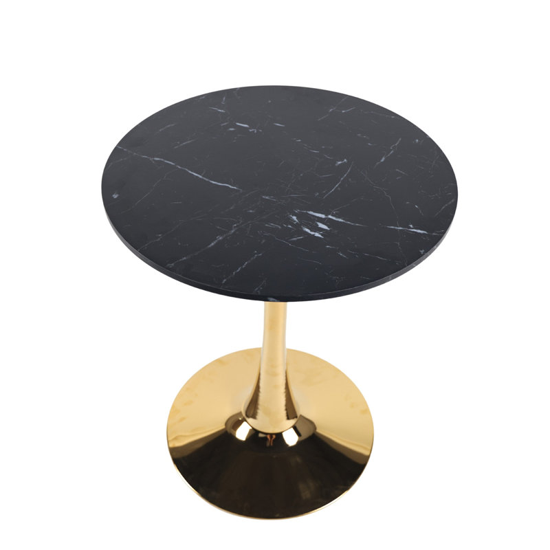 Table de salle à manger de 23,62 po en marbre noir avec plateau de couleur dorée et table de salle à manger de style Mid-Century pour 2 à 4 personnes avec plateau en MDF rond, table de salle à manger à piédestal et table basse
