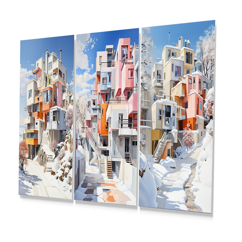 De Stijl, ville moderne en hiver - ensemble d'art mural en métal neige 3 pièces, H 28 po x l 36 po