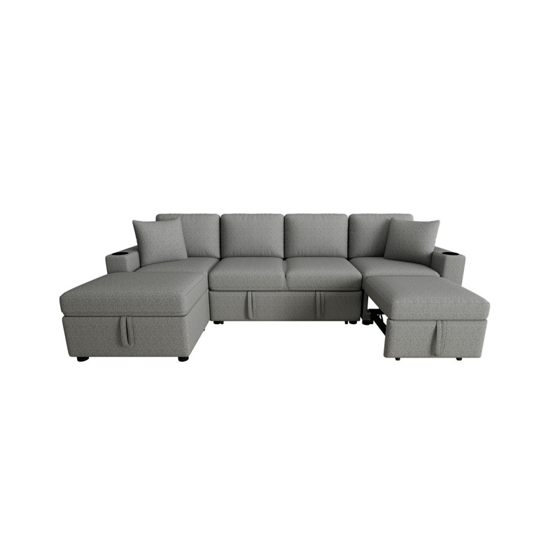 Upholstered Convertible Sectional Sofa Bed With Storage Ottoman, Usb Ports And Cup Holders, Gray Chenille