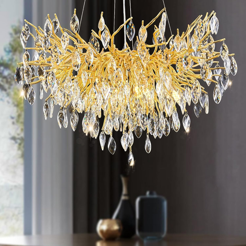 Modern Gold Crystal Branch Chandelier, 23.6 Inch Round Metal Frame Pendant Lighting, 17.71'' H X 23.62'' W X 23.62'' D, Gold