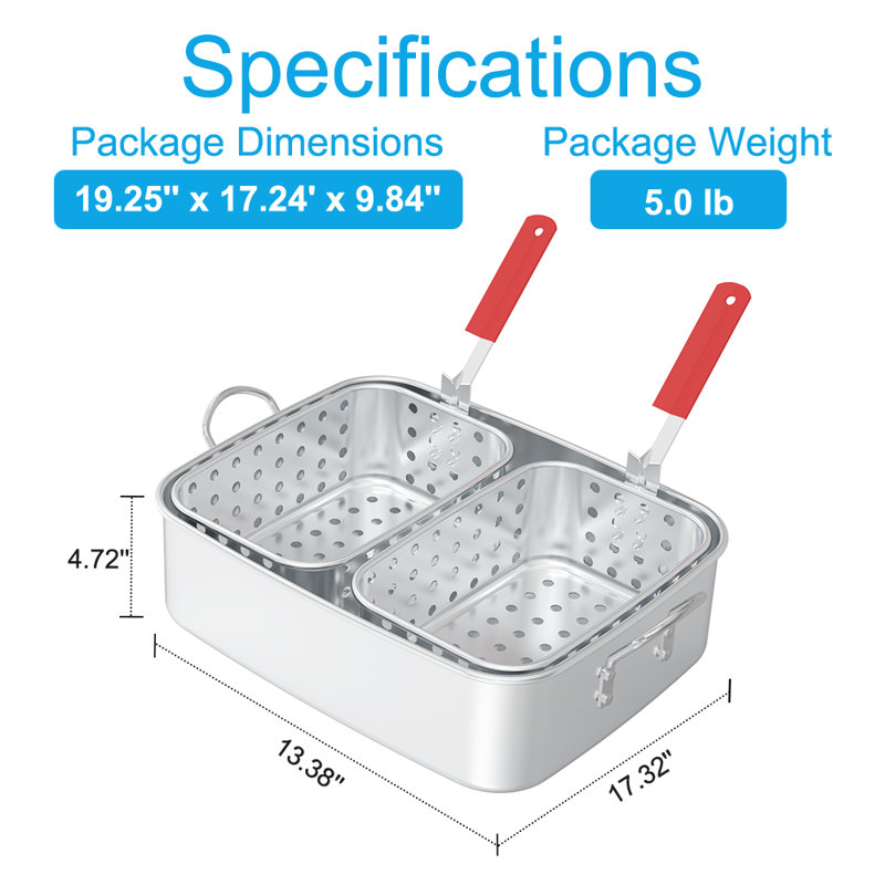 18QT Aluminum Deep Fryer Pot with 2 Baskets & Heat-Resistant Silicone Handles Lightweight & Durable Fish Fryers Outdoor Cooking Rectangular Fish Fryer Basket for Outdoor Fryer