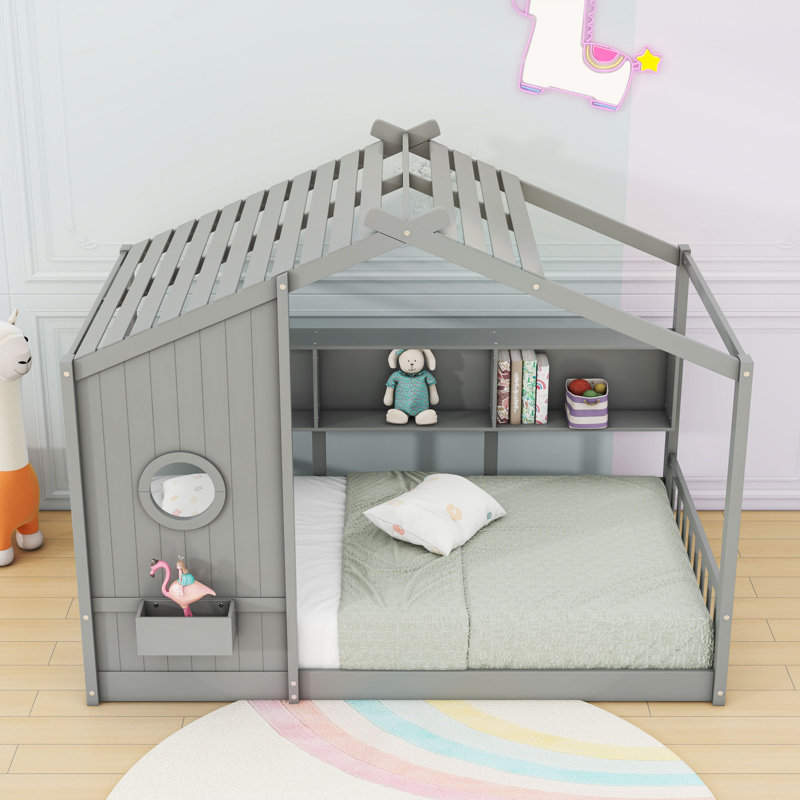 Lit en bois en forme de maison avec tablettes et lattes de rangement intégrées, Gris, Simple