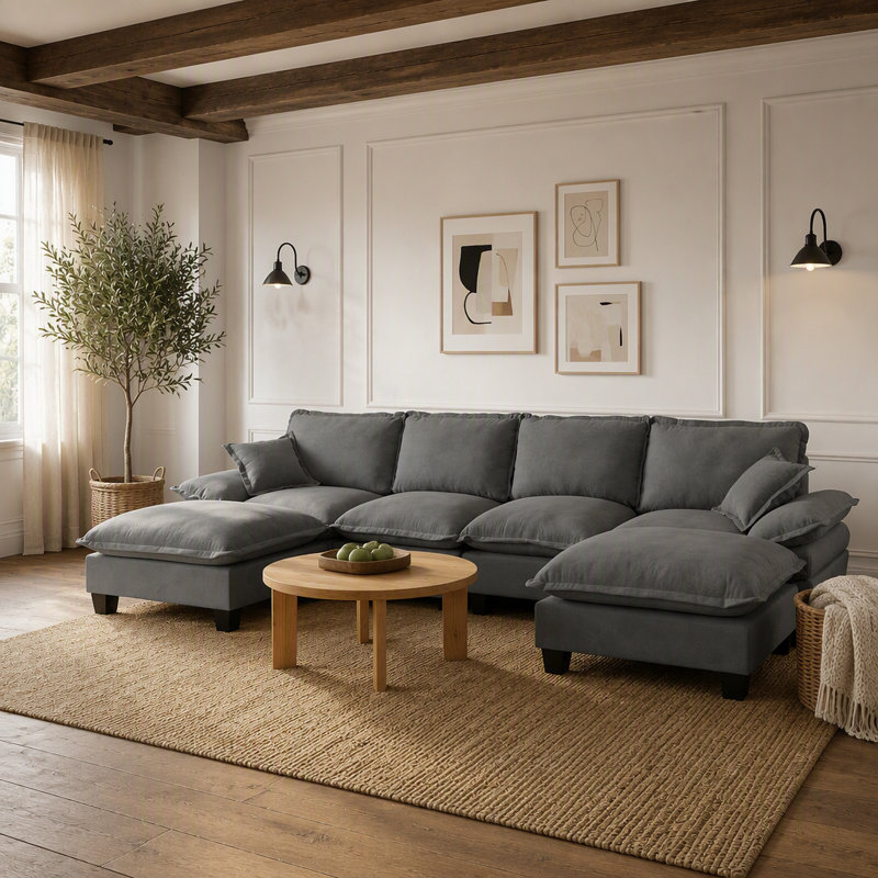 Canapé modulaire en forme de U avec voilier et repose-pieds mobile, L 130,71 po, Chenille gris