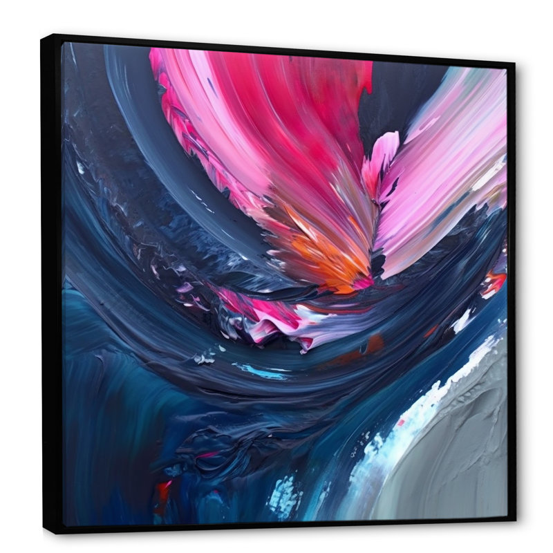 Dennice, art texturé abstrait bleu et rose, H 36 po x l 36 po x P 1,5 po, Cadre flottant noir