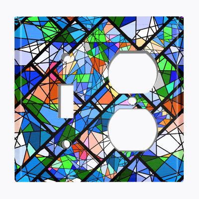 Metal Light Switch Plate Outlet Cover (Colourful Blue Stained Glass Tile Print  - Single Toggle Single Duplex)