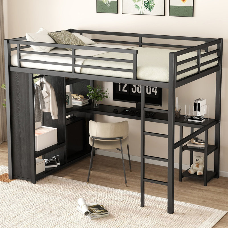 Metal Loft Bed Frame With Built-in Wardrobe,desk And Storage Shelves, For Kids Teens Adults, Full, Black