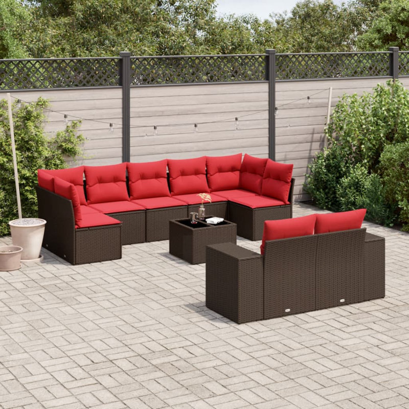 Ensemble de canapé de patio 10 pièces avec coussins en rotin de polyester, Rouge, Brun