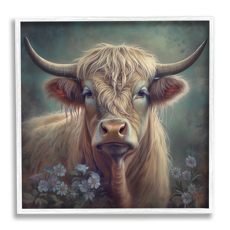 Highland Cow with Daisies White Framed Art Print