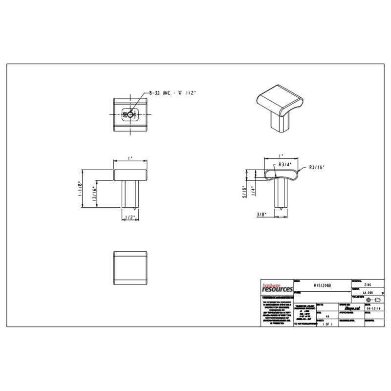 Park 1" Length  Square Knob, Brushed Pewter