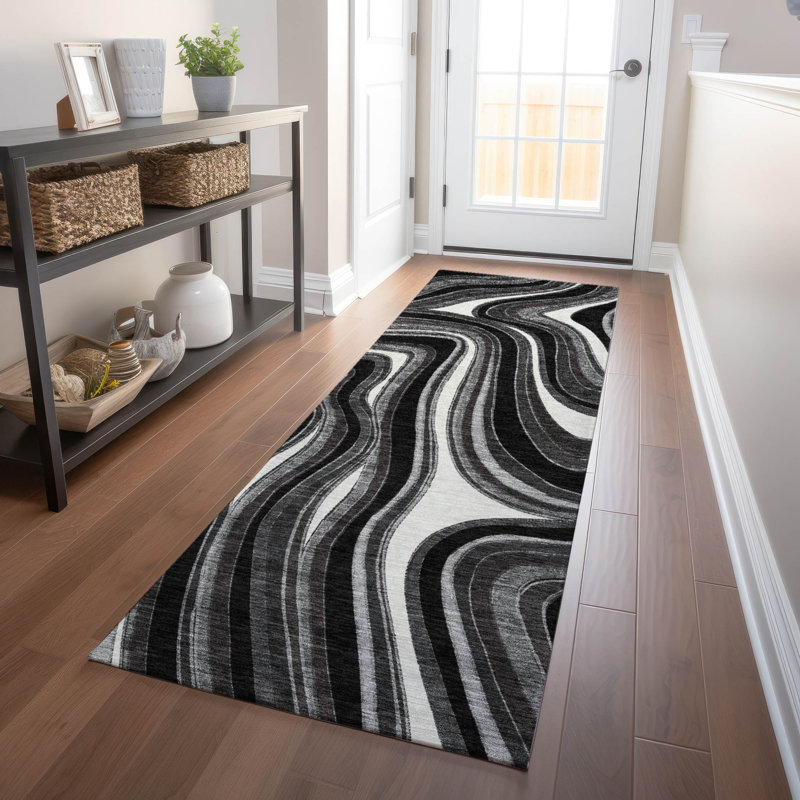 Premium Machine Washable Prisco Black Rug, Runner 2'3" x 7'6"