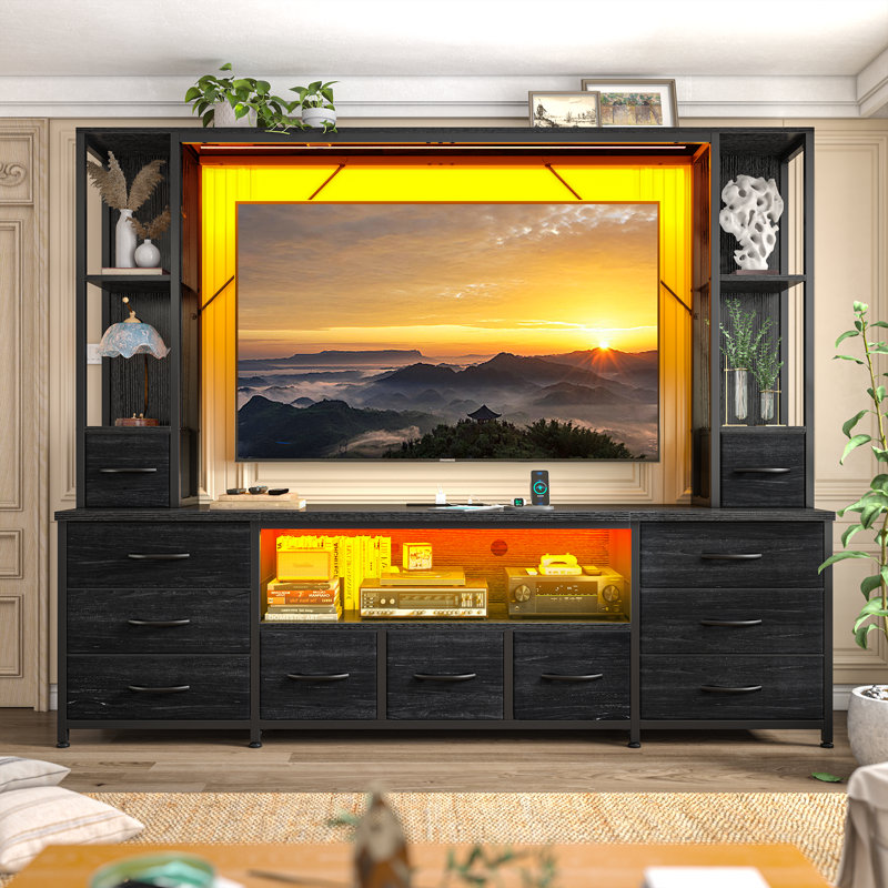 Wall-mounted 78.6"w Entertainment Center Tv Stand With 11 Fabric Drawers, Led Lighting & Built-in Outlets - Open Shelves For Living Room & Bedroom